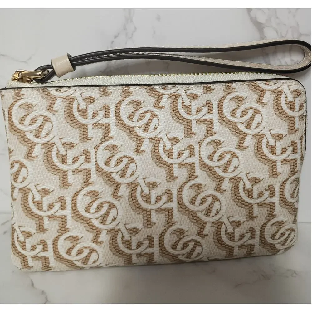 COACH Chalk Tan Monogram Print Corner Zip Wristlet - NWT